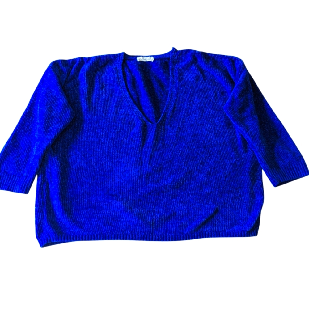 Cinthy Q Blue Chenille Sweater, Cropped, Boxy, 3/4 Sleeve, Size Med